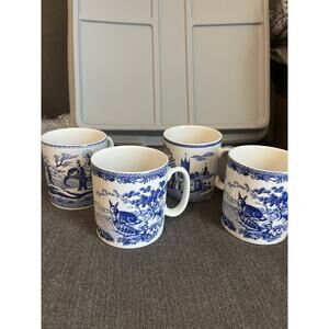 4 Spode England Italian Design Blue White Landscape Porcelain 8 Oz Mugs Cups